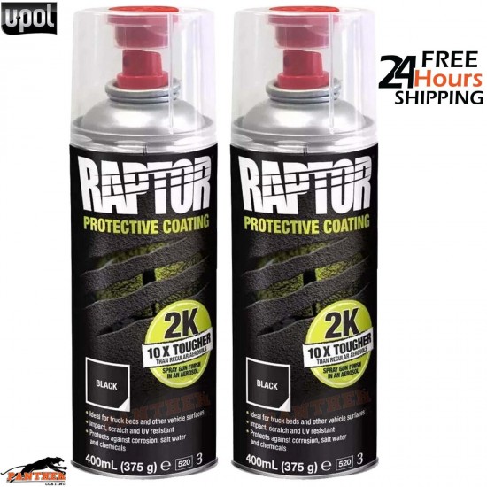 2 X UPOL RAPTOR 2K TOUGH BED LINER U-POL PROTECTOR 400ML AEROSOL - BLACK