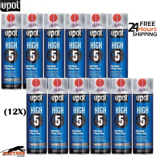 12x UPOL HIGH 5 HIGH BUILD PRIMER AEROSOL U-POL - DARK GREY