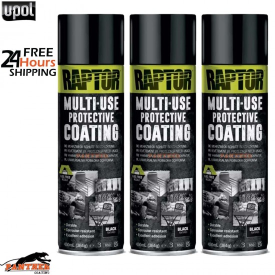 3X UPOL RAPTOR 1K MULTI-USE RMUB/AL PROTECTIVE COATING AEROSOL 450ML - BLACK