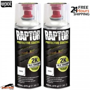 2X UPOL RAPTOR 2K TOUGH BED LINER U-POL PROTECTOR 400ML AEROSOL - WHITE